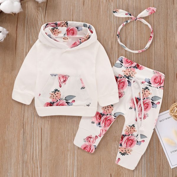 Beautiful Floral Long-sleeve Hoodie, Pants and Headband Set